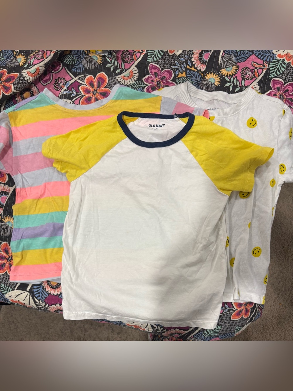 Old Navy Kids' Tee Bundle- White Tee with Yellow- Smiley Tee- Striped Tee